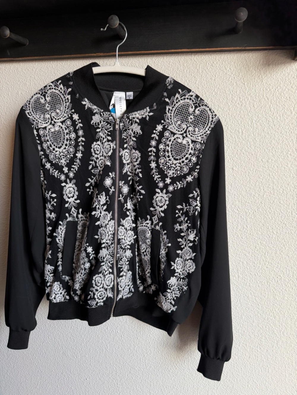 Black Bomber Jacket with White Floral Embroidery Size S Society Girl